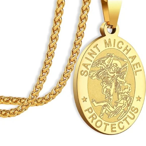 NEW Oval Stainless Steel Saint Christopher Necklace Saint Michael Gold Necklace - Picture 1 of 6